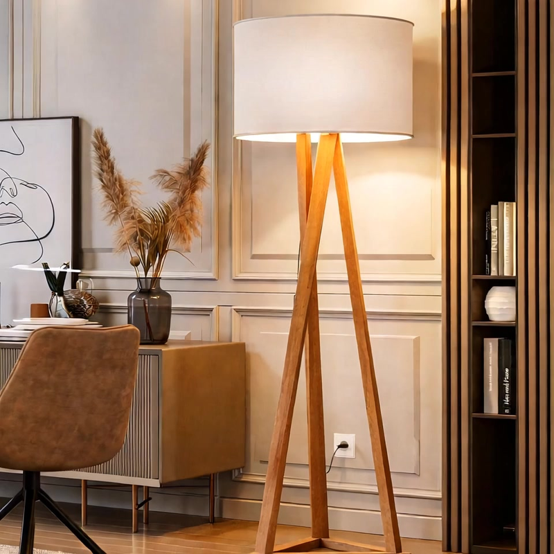 Luminária Chão Tripé Madeira Cúpula Abajur Sala Quarto Escritório Moderna Elegante Decorativa