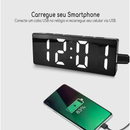 Relógio Despertador Digital De Mesa 16X2.5X6cm Alarme Temperatura Pilha AAA Usb Preto Com Led