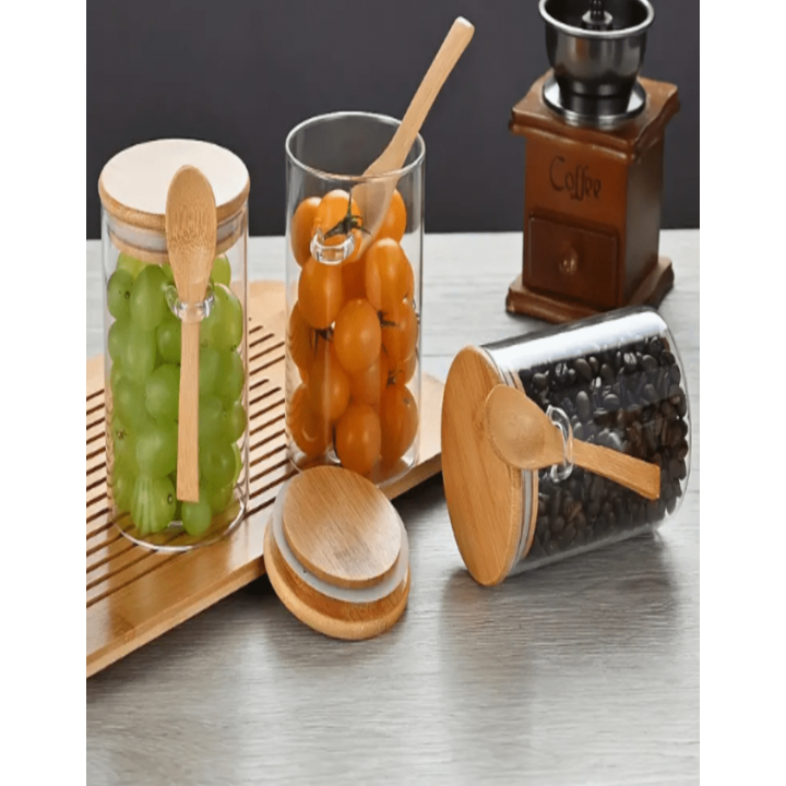Kit 3 Pote De Vidro Hermético Tampa De Bambu 400ml Com Colher De Bambu