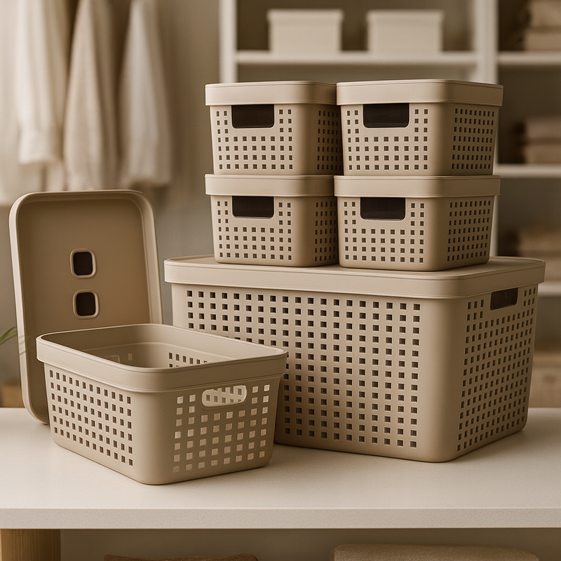 Kit 6 Caixa Organizadora com Tampa 17 L 4,5 L 2 L Cesto Grande em Plástico para Organização