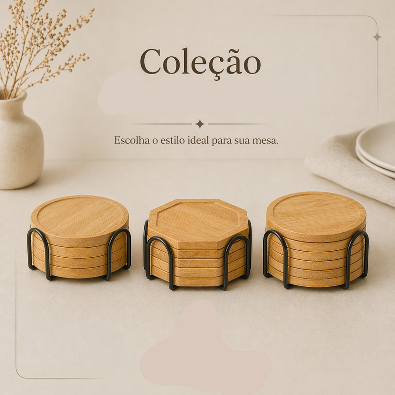 Kit Porta Copos De Bambu 4 E 6 Unidades Com Suporte Redondo E Octogonal Premium Decorativo Elegante