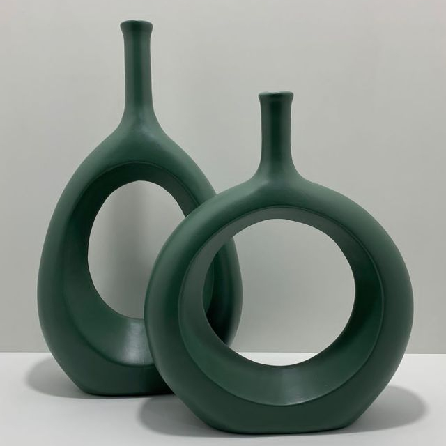 Dupla Vaso Garrafa Vazado em Cerâmica Decoração Sala Casa 35cm