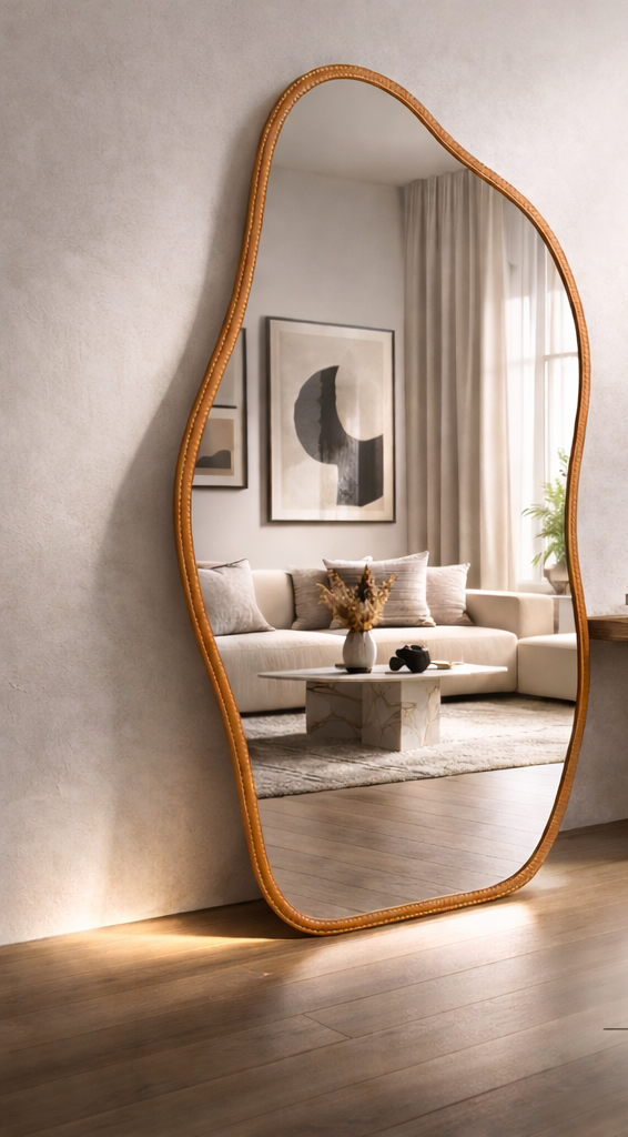 Espelho Orgânico 120x50 e 80x40 Com Moldura EM COURO Corpo Inteiro Moderno Luxo