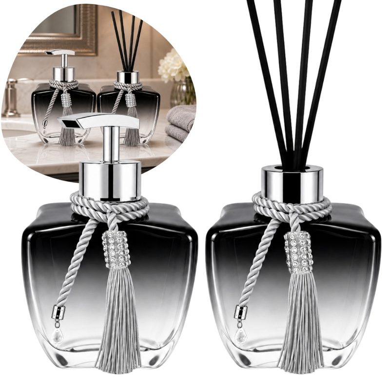 Kit 02 Vidros Estrela Degrade Preto Banheiro 280ml Sabonete E Difusor + Enfeite Luxo