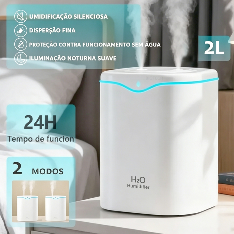 Umidificador De Ar E Aromatizador Grande 24H Com 2 Saídas De Ar 3 Em 1 Multifuncional Com LED