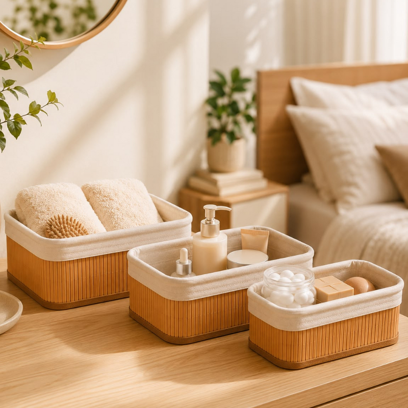Vittak Kit 3 Cestos de Bambu Conjunto c/ Tecido Forro em Algodão Cesto Organizador Multiuso