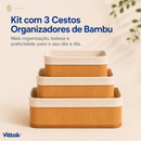 Vittak Kit 3 Cestos de Bambu Conjunto c/ Tecido Forro em Algodão Cesto Organizador Multiuso