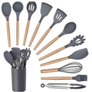 Kit 12 Utensílios de Cozinha em Silicone com Cabo de Madeira