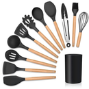 Kit 12 Utensílios de Cozinha em Silicone com Cabo de Madeira