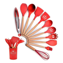 Kit 12 Utensílios de Cozinha em Silicone com Cabo de Madeira