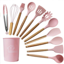 Kit 12 Utensílios de Cozinha em Silicone com Cabo de Madeira