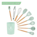 Kit 12 Utensílios de Cozinha em Silicone com Cabo de Madeira