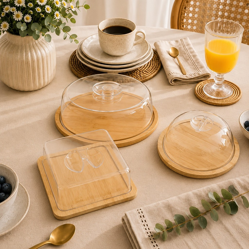 Kit Mesa Posta de Bambu – Queijeira + Manteigueira + Boleira + Porta-Frios | Ideal para Café da Manhã